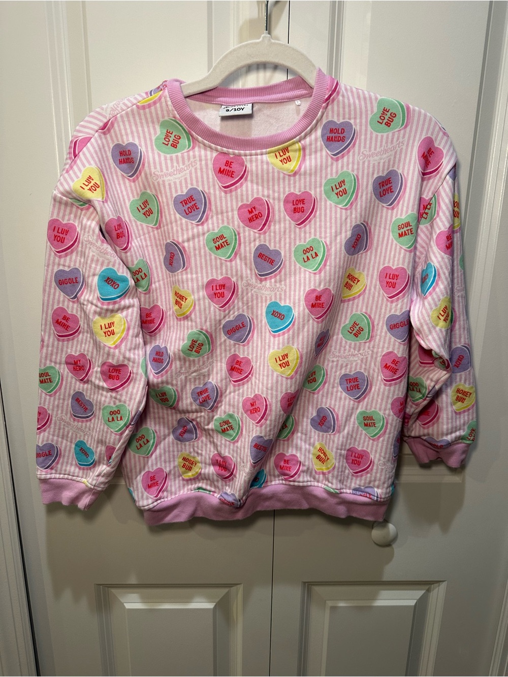 Sweethearts x Bums & Roses Girls Pink Candy Heart Sweatshirt Bamboo 9/10
